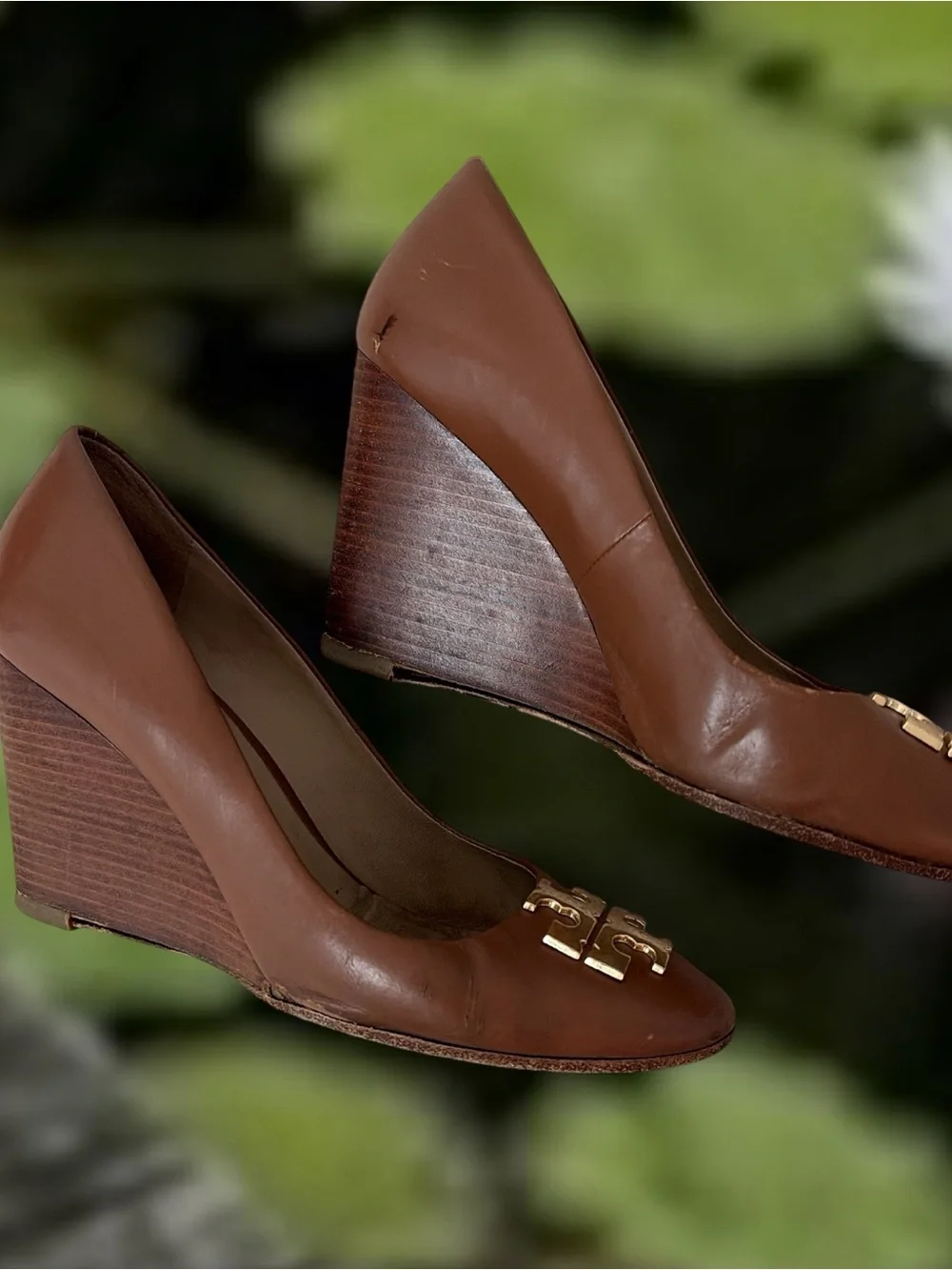 Tory Burch Brown Leather Logo Wedge Heels